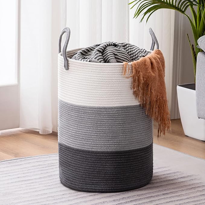 YOUDENOVA Woven Rope Laundry Hamper Basket, 58L Tall Luandry Basket, Baby Nursery Hamper for Blanket Storage, Clothes Hampers for Laundry in Bedroom-Large-Dark Grey