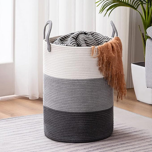 YOUDENOVA Woven Rope Laundry Hamper Basket, 58L Tall Luandry Basket, Baby Nursery Hamper for Blanket Storage, Clothes Hampers for Laundry in Bedroom-Large-Dark Grey
