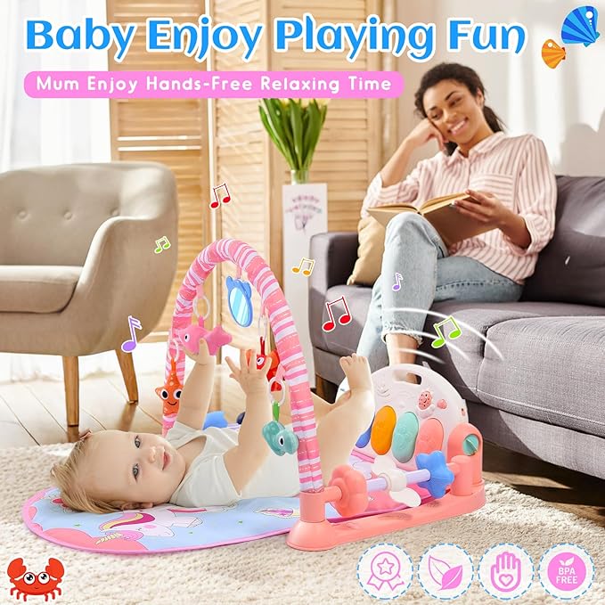 Baby Gyms Play Mats with Tummy Time Water Mat, Activity Mat Play Piano Gym with 5 Sensory Toys for Babies, Music and Lights Boy & Girl Gifts for Infant Newborn Babies 0-3 4-6 6-9 6-12 Months