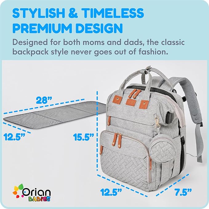 Orian Diaper Bag Backpack, Diaper Bag with Baby Changing Station, Large Travel Diaper Bag, Mosquito Net, USB Charging Port, Waterproof Unisex Baby Bag - 3 bonus gifts