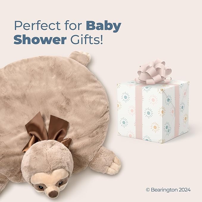 Bearington Collection Sloth Plush Tummy Time Mat - 30 x 30 in Lil’ Speedster Quilted Velour - Newborn Baby Sloth Blanket & Machine Washable