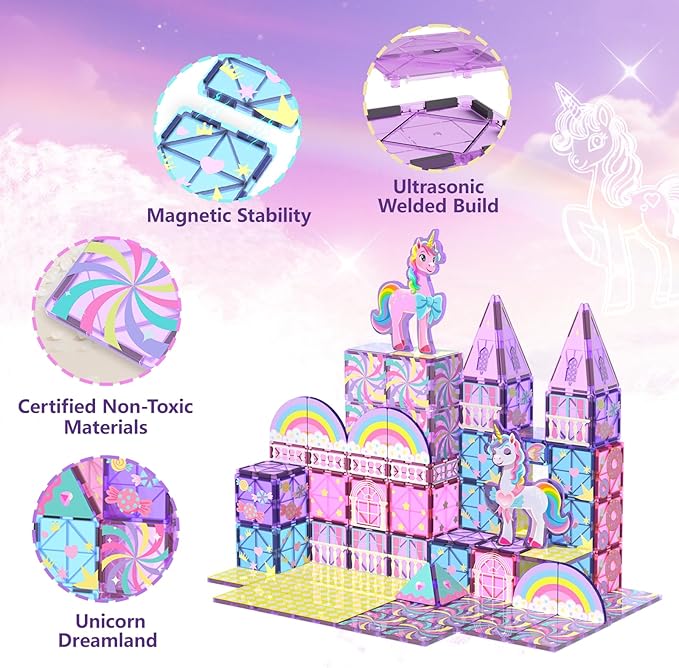 GobiDex Magnetic Building Blocks Unicorn Toys for Girls, Princess Magnetic Tiles Building Toys for Kids Ages 3-5 4-8, STEM Sensory Toddler Game Birthday Gift for Girls Boys Ages 3+