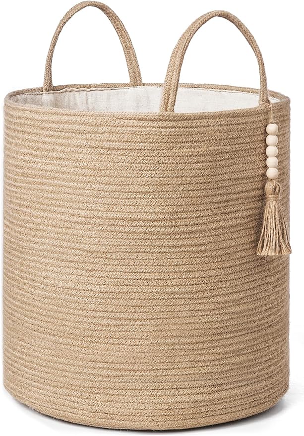 Mkono Tall Wicker Laundry Basket Woven Storage Basket Decorative Natural Rope Basket Wooden Bead Decoration for Blankets,Toys,Clothes,Shoes,Plant Organizer Bin with Handles Living Room 15" Wx17.7 L