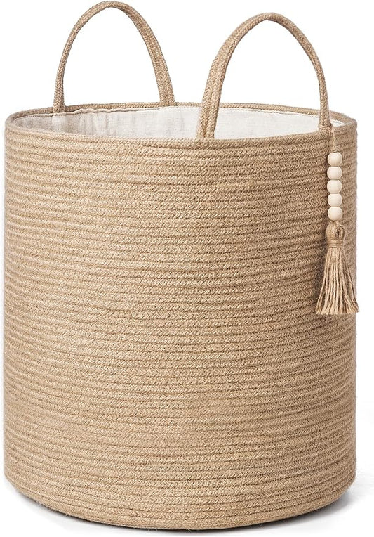 Mkono Tall Wicker Laundry Basket Woven Storage Basket Decorative Natural Rope Basket Wooden Bead Decoration for Blankets,Toys,Clothes,Shoes,Plant Organizer Bin with Handles Living Room 15" Wx17.7 L