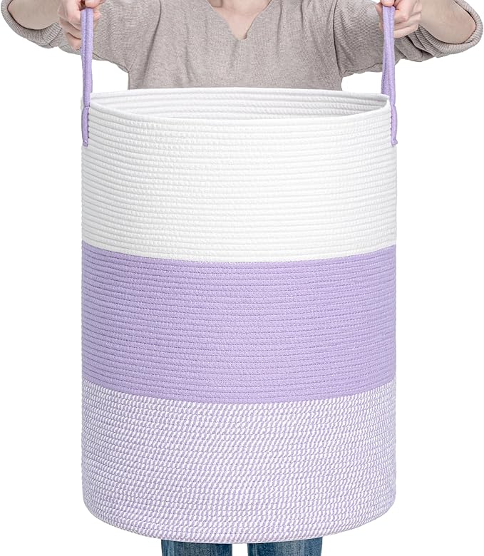 CLHMILY&Z 80L Laundry Basket Round Storage Rope Basket - 16.5x22.5 Inches - Lavender Hamper in Bedreoom and Cute Storage Bin for Blankets, Toys, and Nursery Essentials