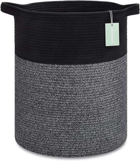 ﻿BOSROTY Large Laundry Hamper for Girls Boys Kids 72L, Nursery Hamper, Tall Laundry Basket, Cotton Rope Woven Blanket Basket for Storage Toys Clothes Towels, 16”x 22”, Black & Gray