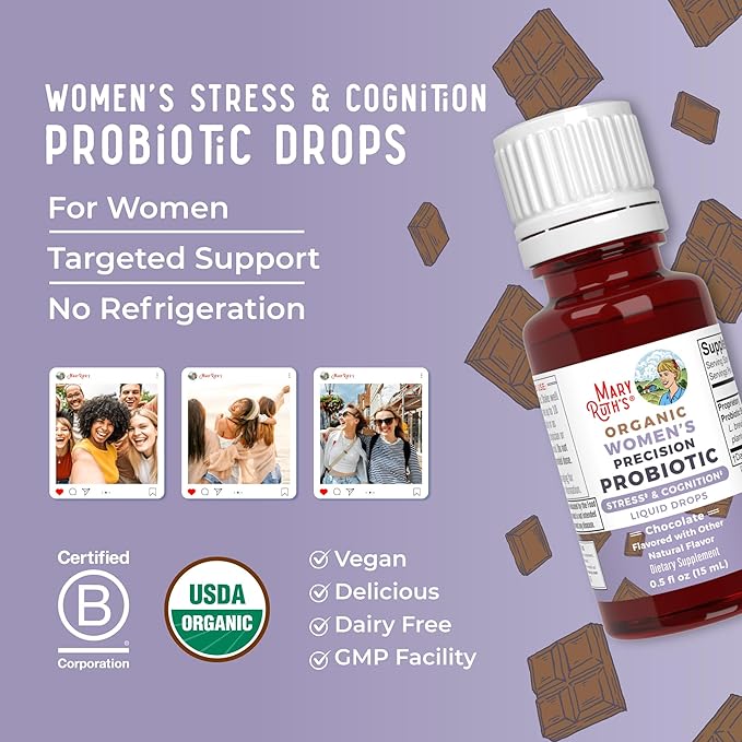 MaryRuth Organics USDA Organic Stress & Cognition Probiotics for Women | Focus Supplement | Support Calm | Stress Relief Supplement | Womens Probiotic | Gut Health for Women | Vegan | 30 Servings