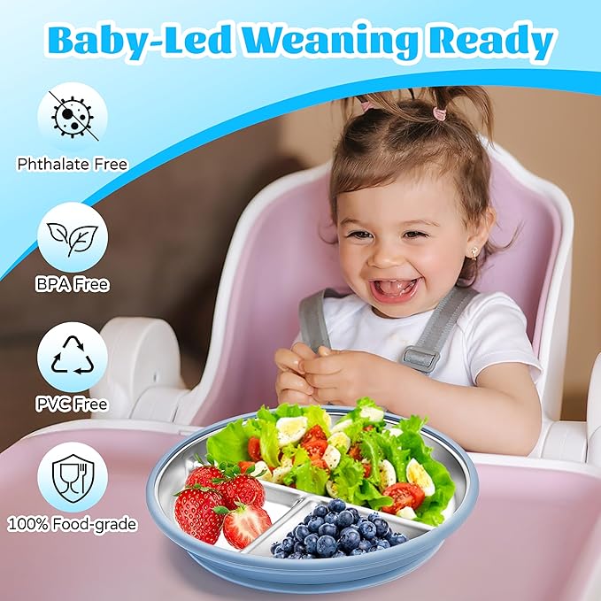 3 Pack Stainless Steel Baby Suction Plates – Divided Toddler Plates for Baby Led Weaning | Strong Non-Slip Silicone Base, Unbreakable, BPA-Free, Dishwasher Safe Feeding Set (Pink, Blue, Green)