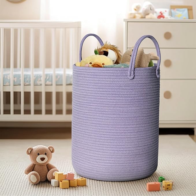 Purple Woven Laundry Basket, 15"x18" Large Cotton Rope Storage Basket for Blankets Pillows Toys, Decorative Baby Nursery Clothes Hamper for Living Room Bedroom, Kids Tall Luandry Hamper