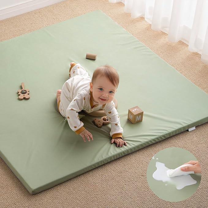 Blissful Diary Vegan Leather Baby Play Mat, 50x50 Thicken Foam Cushioned & Waterproof Playpen Mat for Infants and Toddlers, Stylish and Just Wipe-Clean Playmat for Baby Play on Floor, Light Green