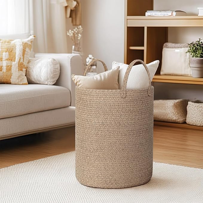 Large Woven Laundry Basket, 15"x18" Tall Blanket Storage for Living Room, Cute Nursery Kids Baby Laundry Hamper, Wicker Hamper for Bedroom Aesthetic, Cotton Rope Dirty Clothes Decor Basket