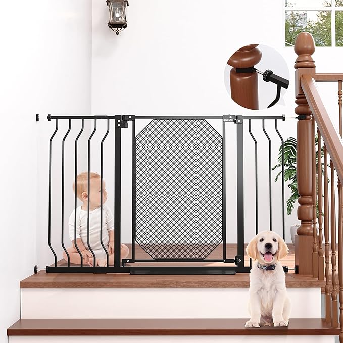 29.5"-48" Metal Mesh Baby Gate for Stairs & Doorways - Easy Install 30.5" Tall, Auto Close, Pressure Mounted, No Drilling - Stylish Safety Gate for Pets, Child Gate for Kids, Black