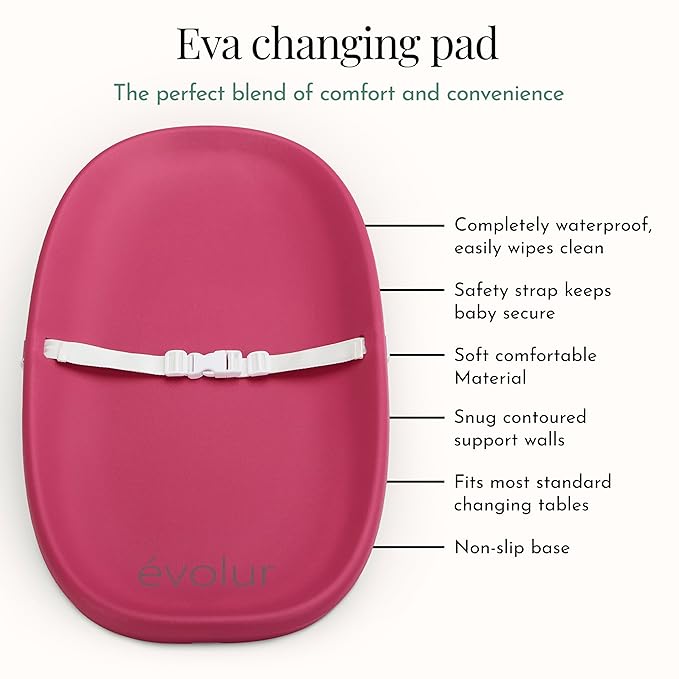 Evolur Eva Baby Changing Pad in Fuschia Pink, Soft, Lightweight and Portable Changing Pad, Fits All Changing Table, Waterproof Firm Padding