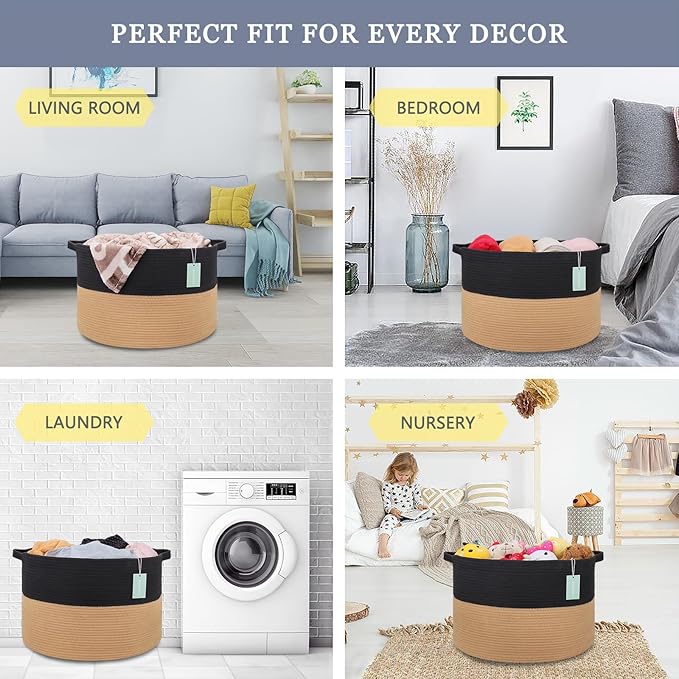 Extra Large Blanket Basket 87L, Laundry Hamper, Baby Nursery Hamper for Storage Toys Clothes Towels, Large Cotton Rope Laundry Basket for Girls Boys, 22”x 14”, Black & Jute