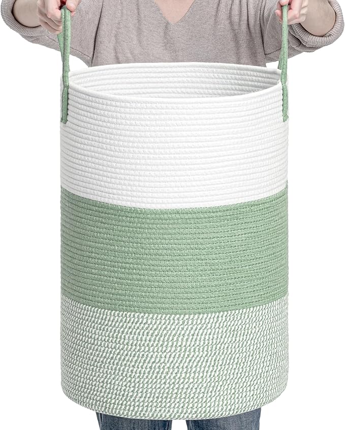 CLHMILY&Z 60L Laundry Basket Round Storage Rope Basket - 15x20.5 Inches - Green Hamper in Bedreoom and Cute Storage Bin for Blankets, Toys, and Nursery Essentials