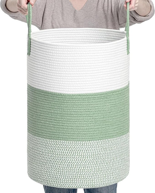 CLHMILY&Z 60L Laundry Basket Round Storage Rope Basket - 15x20.5 Inches - Green Hamper in Bedreoom and Cute Storage Bin for Blankets, Toys, and Nursery Essentials