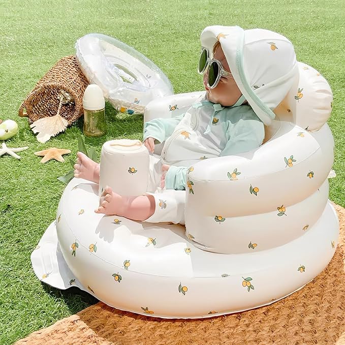 Inflatable Baby Seat for Babies 3 Months & Up, Infant Floor Seats for Sitting Up, Baby Seats for Infants, Blow Up Baby Chair with Built in Air Pump - Olive Flower