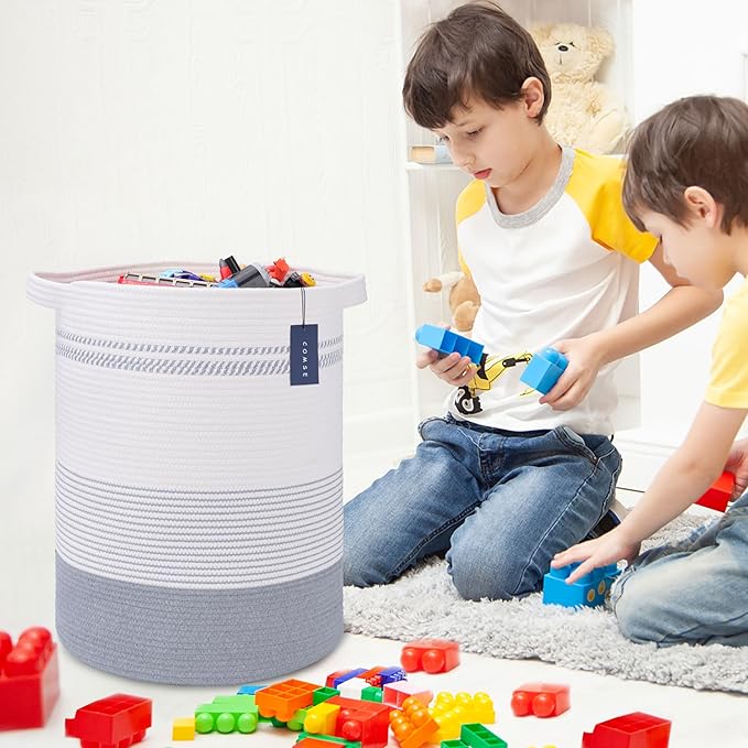 COMSE Extra Large Blanket Basket, Tall Laundry Basket, Nursery Hamper, 15.7”x 21.7”, Cotton Rope Woven Laundry Hamper for Storage Toys Clothes Towels, Light Gray & White