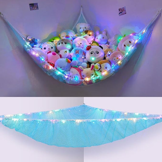 Unicorn Castle Stuffed Animals Net or Hammock Kids Toy Storage Organizer with LED Light Hanging Corner Stuffed Animals Holder Kids Girls Room Decor (Pack of 1)