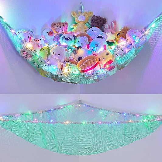 Unicorn Castle Stuffed Animals Net or Hammock Kids Toy Storage Organizer with LED Light Hanging Corner Stuffed Animals Holder Kids Girls Room Decor (Pack of 1)