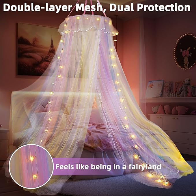 Rainbow Bed Canopy with Lights for Girls | Double Layer Mesh Netting Princess's Birthday Gift Ruffle Lace Decor for Room Bed Canopy Netting Mosquito Net | Home Decor for Twin/Full/Queen/King
