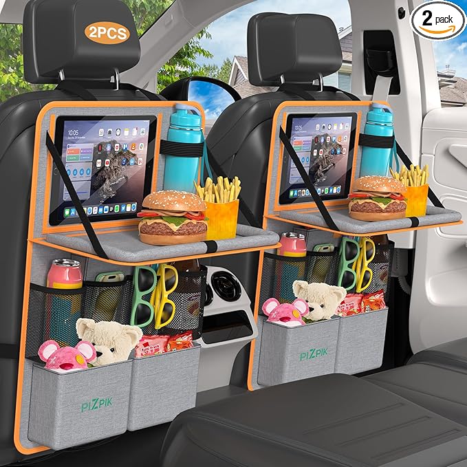 Car Backseat Organizer with Tablet Holder,11 Storage Pockets with Foldable Food Tray, Protector Kick Mats for Kids, Travel Accessories Organizer (Orange, 2Pack)