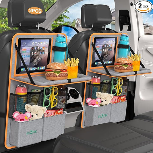 Car Backseat Organizer with Tablet Holder,11 Storage Pockets with Foldable Food Tray, Protector Kick Mats for Kids, Travel Accessories Organizer (Orange, 2Pack)