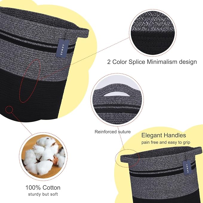 COMSE Extra Large Blanket Basket, Tall Laundry Basket, Nursery Hamper, 15.7”x 21.7”, Cotton Rope Woven Laundry Hamper for Storage Toys Clothes Towels, Black