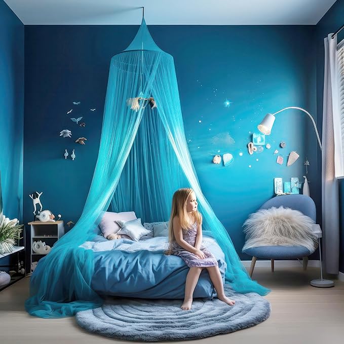 Blue Canopy for Girls Bed - Princess Mosquito Net Room Decor - Kids & Baby Bedroom Tent - 1 Opening Canopy Bed & Hanging Kit Included
