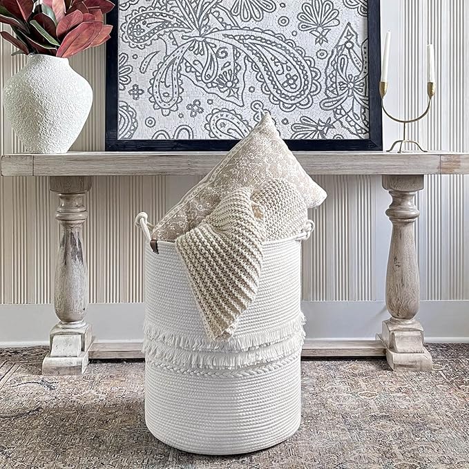 CherryNow Baby Laundry Hamper for Nursery, Tall Basket for Laundry Room, White Woven Storage Basket for Clothes, Toys, Towels, 16 x 22 inches, 69L