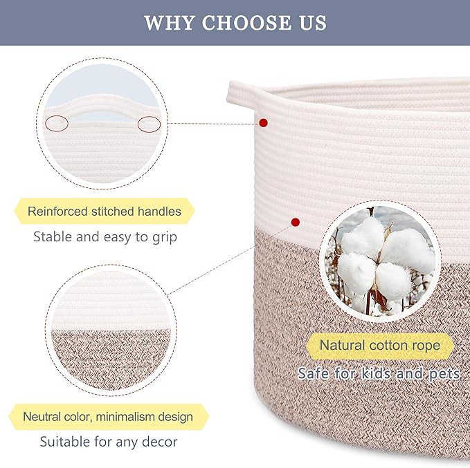 Extra Large Blanket Basket 87L, Laundry Hamper, Baby Nursery Hamper for Storage Toys Clothes Towels, Large Cotton Rope Laundry Basket for Girls Boys, 22”x 14”, White & Brown