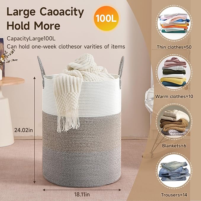 CLHMILY&Z 100L Laundry Basket Round Storage Rope Basket - 18.1x24 Inches - Laundry Hamper in Bedreoom and Mutil Storage Bin for Blankets, Toys, and Nursery Essentials