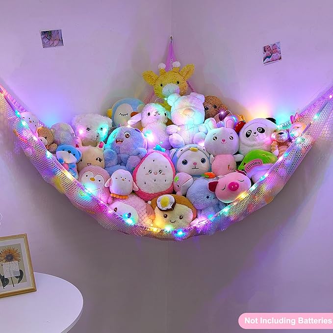 Unicorn Castle Stuffed Animals Net or Hammock Kids Toy Storage Organizer with LED Light Hanging Corner Stuffed Animals Holder Kids Girls Room Decor (Pack of 1)