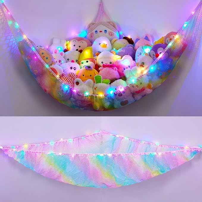 Unicorn Castle Stuffed Animals Net or Hammock Kids Toy Storage Organizer with LED Light Hanging Corner Stuffed Animals Holder Kids Girls Room Decor,Rainbow-A,XL-Large-Pack of 1