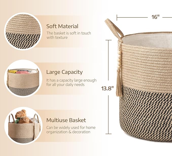 Mkono Woven Storage Basket Decorative Rope Basket Wooden Bead Decoration for Blankets,Toys,Clothes,Shoes,Plant Organizer Bin with Handles Living Room Home Decor, Yellow and Black, 16" W × 13.8"