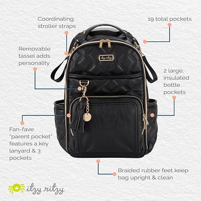 Itzy Ritzy Diaper Bag Backpack – Large Capacity Boss Plus Baby Backpack Diaper Bag Featuring 19 Pockets, Changing Pad, Stroller Clips, and Comfortable Straps (Mystic Black)