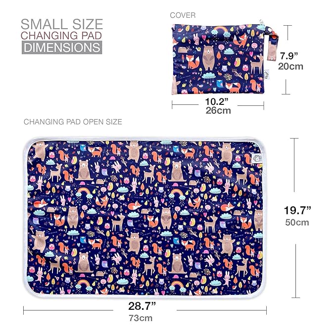 Flockthree Waterproof Baby Changing Pad with Storage Bag (28.7" X 19.7") Washable Wipeable Reusable Leak Proof Diaper Travel Mat Station Changing Mattress Liner Cribs Bed Cover, Animals