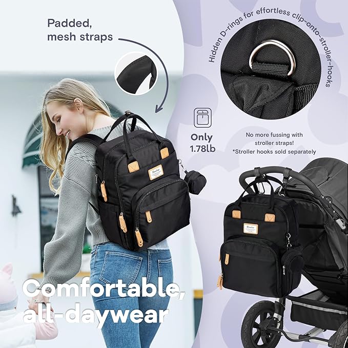 RUVALINO Diaper Bag Backpack, Multifunction Travel Pack Maternity Baby Changing Bags, Large Capacity, Waterproof, Black