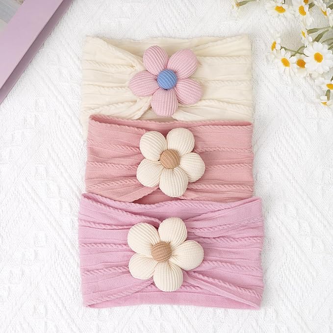 CÉLLOT 3 Pcs Baby Girl Headbands with Flower Nylon Headbands Soft Stretchy Headwear Hair Accessories for Newborn Infant Toddler Kids (Pink Beige Salmon)