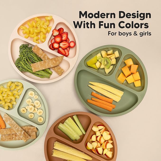 KeaBabies Suction Plates for Baby, Toddler - 3-Pack 100% Silicone Toddler Plates with Suction, Divided, BPA-Free Baby Led Weaning Essentials for Kids, Dishwasher, Microwave Safe, Durable (Valiant)