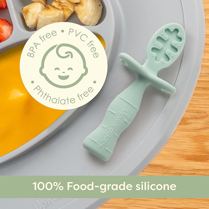 UpwardBaby Silicone Baby Spoons - 3-Pack, Mint/Beige/Grey - Self Feeding 6-12 Months with Anti-Choke Barrier & Textured Grippy Tips - Baby LED Weaning Utensils & Infant Feeding Spoons