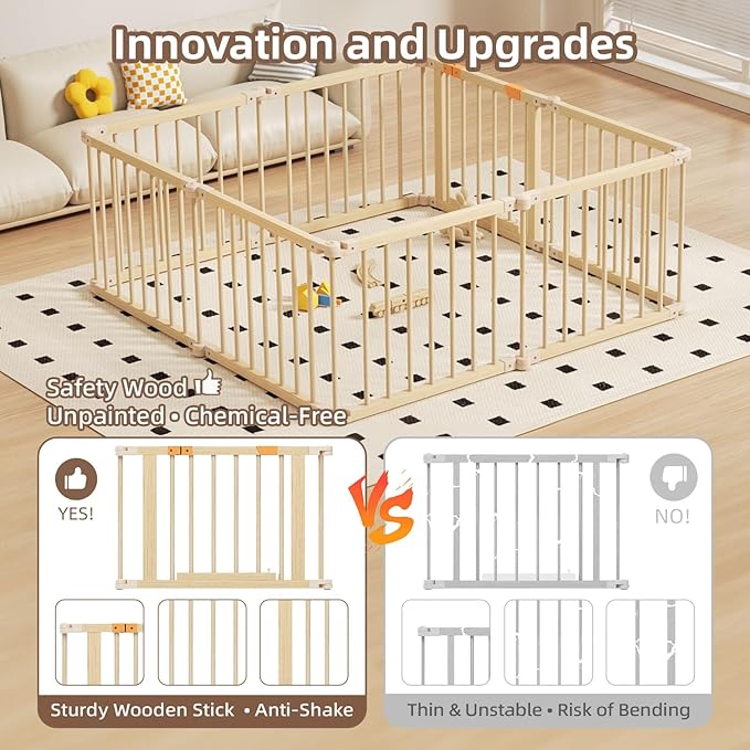 Baby Playpen, Wooden Playpen for Babies and Toddlers, Foldable Play Yard with Gate, 8 Panels Baby Fence, Indoor Play Area, Child Activity Center