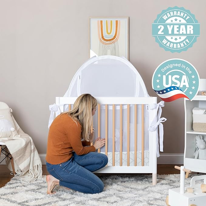 Premium Pack n Play Tent, Mini Crib Tent to Keep Baby from Climbing Out, Auto Pop Up Pack and Play Tent with Auto-Lock Zippers, Thick Velvety Breathable Mesh (Geometric Cubes)