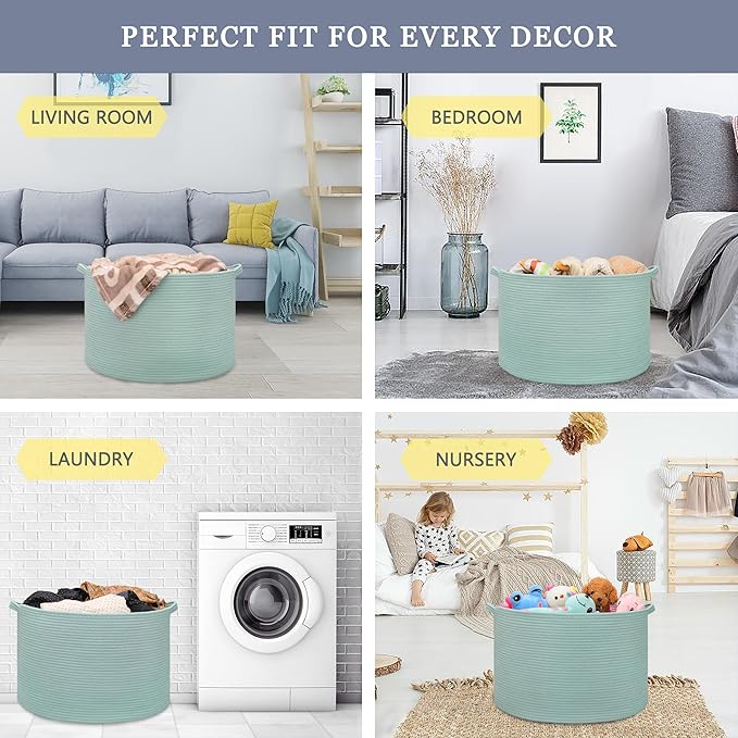 Extra Large Blanket Basket 87L, Laundry Hamper, Baby Nursery Hamper for Storage Toys Clothes Towels, Large Cotton Rope Laundry Basket for Girls Boys, 22”x 14”, Light Green