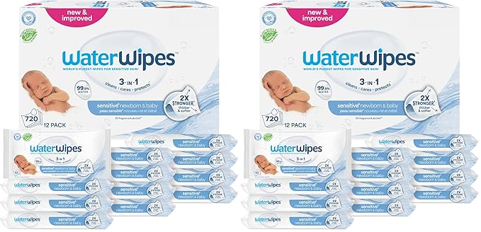 WaterWipes Sensitive+ Newborn & Baby Wipes, 3-In-1 Cleans, Cares, Protects, 99.9% Water, Unscented & Hypoallergenic, 720 Count (24 Packs)