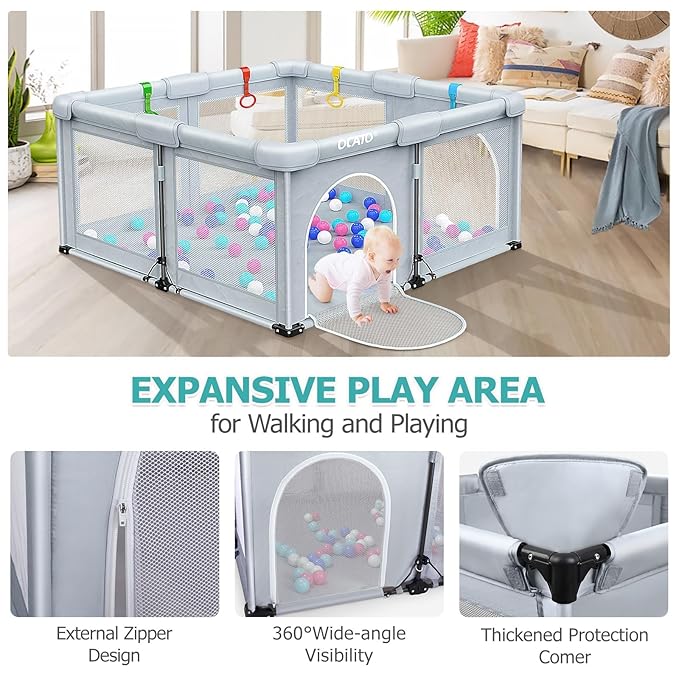 OCATO Baby Playpen: Foldable Playpen for Babies and Toddlers Large Play Pen Portable Playpen Fence Indoor Outdoor Kids Safety Area Travel Play Yard with 1 Storage Bags 4 Handlers 50 Balls (50" × 50")