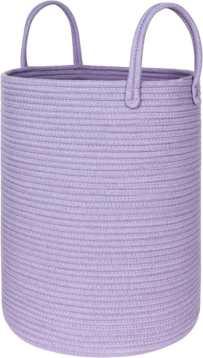 Purple Woven Laundry Basket, 15"x18" Large Cotton Rope Storage Basket for Blankets Pillows Toys, Decorative Baby Nursery Clothes Hamper for Living Room Bedroom, Kids Tall Luandry Hamper