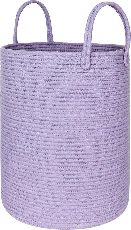 Purple Woven Laundry Basket, 15"x18" Large Cotton Rope Storage Basket for Blankets Pillows Toys, Decorative Baby Nursery Clothes Hamper for Living Room Bedroom, Kids Tall Luandry Hamper