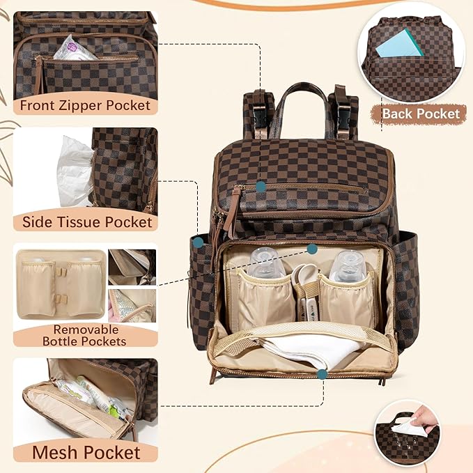Checkered Diaper Bag Backpack Large Baby Diaper Bag Leather with 17 Diaper Bag Organizing Pouches,Changing Pad,Stroller Straps,4 Insulated Pockets, Coffee