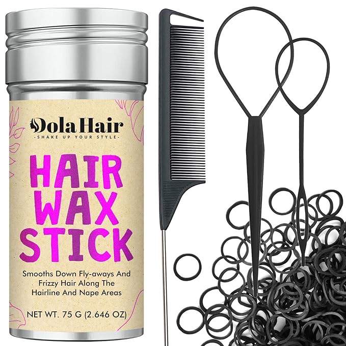 Dolahair Hair Wax Stick & Accessories - Flyaway Control for Kids & Women, 50 Pcs Colorful Elastic Hair Bands, 1 Pcs Slick Back Hair Brush, 2 Hair Loop Styling Tools (Black)